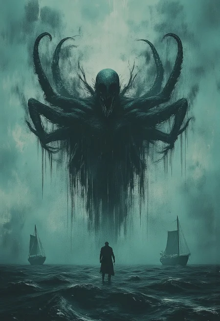 dark digital art of a sailboat in heavy sea, surreal and abstract, monster tentacles coming out of water, attacking ship, eerie atmosphere, thick fog, lovecraftian, tentacles, giant occtopus, lovecraftian monster