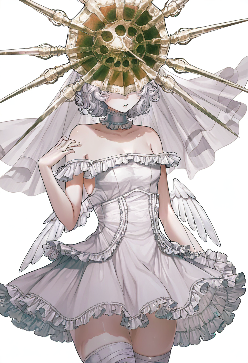 1girl, solo, veil, dress, white dress, breasts, frills, wings, white background, cowboy shot, simple background, covered eyes, short hair, bare shoulders, small breasts, white hair, thighhighs, parted lips, frilled dress, white wings, choker, hand up, bandages <lora:cuso4XL_NBVP1_lokr_V6311PZ:0.95>