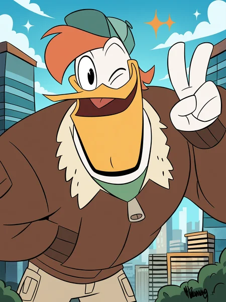 score_9, score_8_up, score_7_up, score_6_up, best quality, highres, source_furry BREAK (outdoors, cityscape, detailed background:1.2)
1boy, male, solo, duck, jacket, hat, shorts, beak,launchpad mcquack, white skin, black legs, clothed, black eyes, open smile, tongue, happy, wink, sparkles, looking at viewer, leaning forward, v sign, smile, short hair, red hair, anthro, smile, furry <lora:Launchpad_McQuack_2:1>