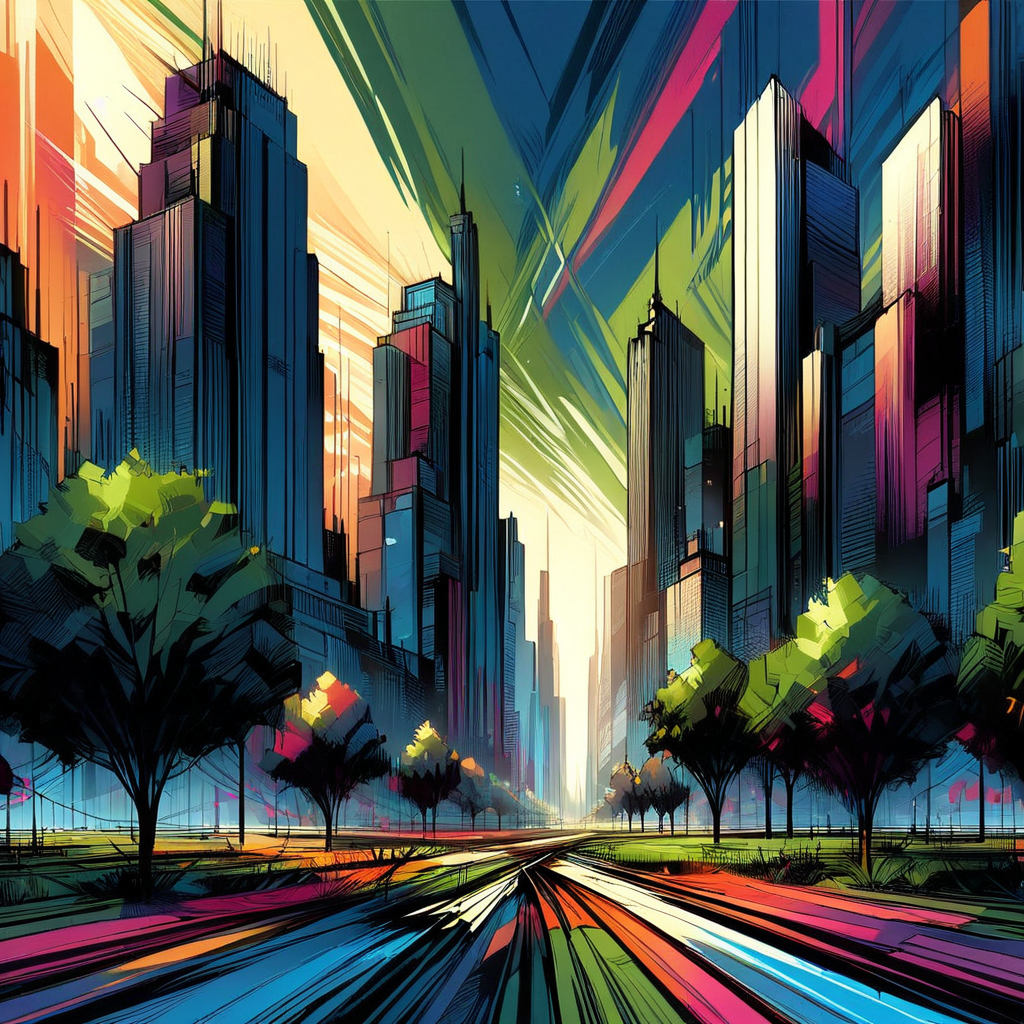 InkBlast, a tree growing in front of a skyscraper