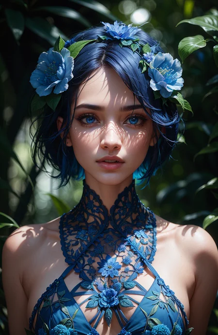 fashion photography portrait of blue human avatar, in blue lush jungle with flowers and birds, 3d render, cgi, symetrical, octane render, 35mm, bokeh, 9:16, (intricate details:1.12), hdr, (intricate details, hyperdetailed:1.15), (natural skin texture, hyperrealism, soft light, sharp:1.2)
