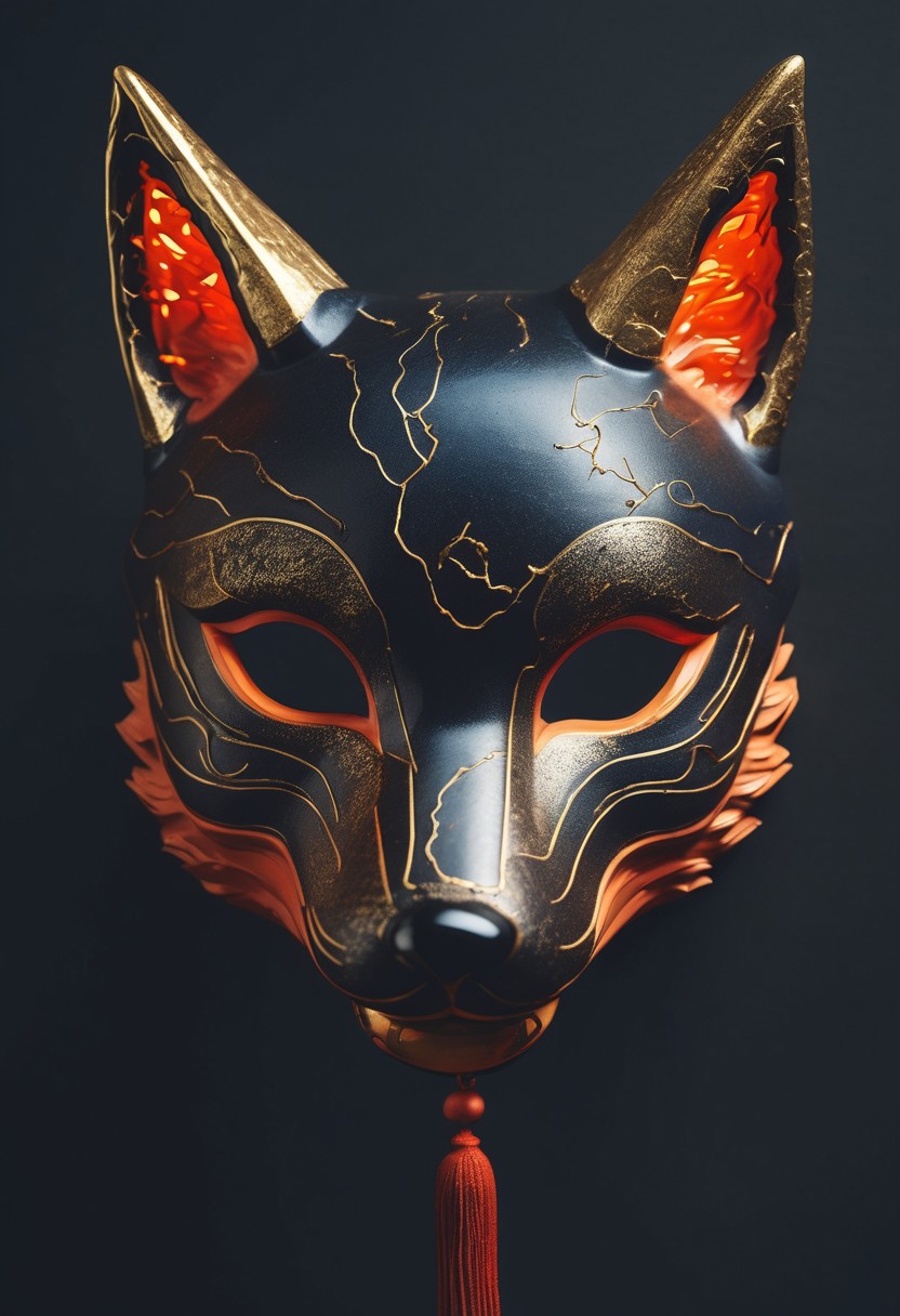 photo, macro, object focus, ((Japanese style Fox mask)), cracked black porcelain, ((kintsugi)), red ribbon, (glowing orange fox eyes in mask sockets), Surreal Imaginative creation Textured Fluid contours Engineered Ornate stand Dark background abundance, surrounded by particles emitting light, ethereal, smoky backdrop. throwing a translucent black/tanslucent black/blue fade, 100mm f/2.8 macro lens, atmospheric haze, Film grain, cinematic film still, shallow depth of field, highly detailed, high budget, cinemascope, moody, epic, OverallDetail, gorgeous, 2000s vintage RAW photo, photorealistic, candid camera, color graded cinematic, eye catchlights, atmospheric lighting, imperfections, natural, shallow dof (set in old Shinto inari shrine)