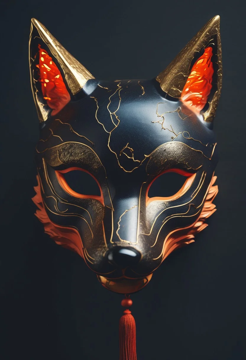 photo, macro, object focus, ((Japanese style Fox mask)), cracked black porcelain, ((kintsugi)), red ribbon, (glowing orange fox eyes in mask sockets), Surreal Imaginative creation Textured Fluid contours Engineered Ornate stand Dark background abundance, surrounded by particles emitting light, ethereal, smoky backdrop. throwing a translucent black/tanslucent black/blue fade, 100mm f/2.8 macro lens, atmospheric haze, Film grain, cinematic film still, shallow depth of field, highly detailed, high budget, cinemascope, moody, epic, OverallDetail, gorgeous, 2000s vintage RAW photo, photorealistic, candid camera, color graded cinematic, eye catchlights, atmospheric lighting, imperfections, natural, shallow dof (set in old Shinto inari shrine)