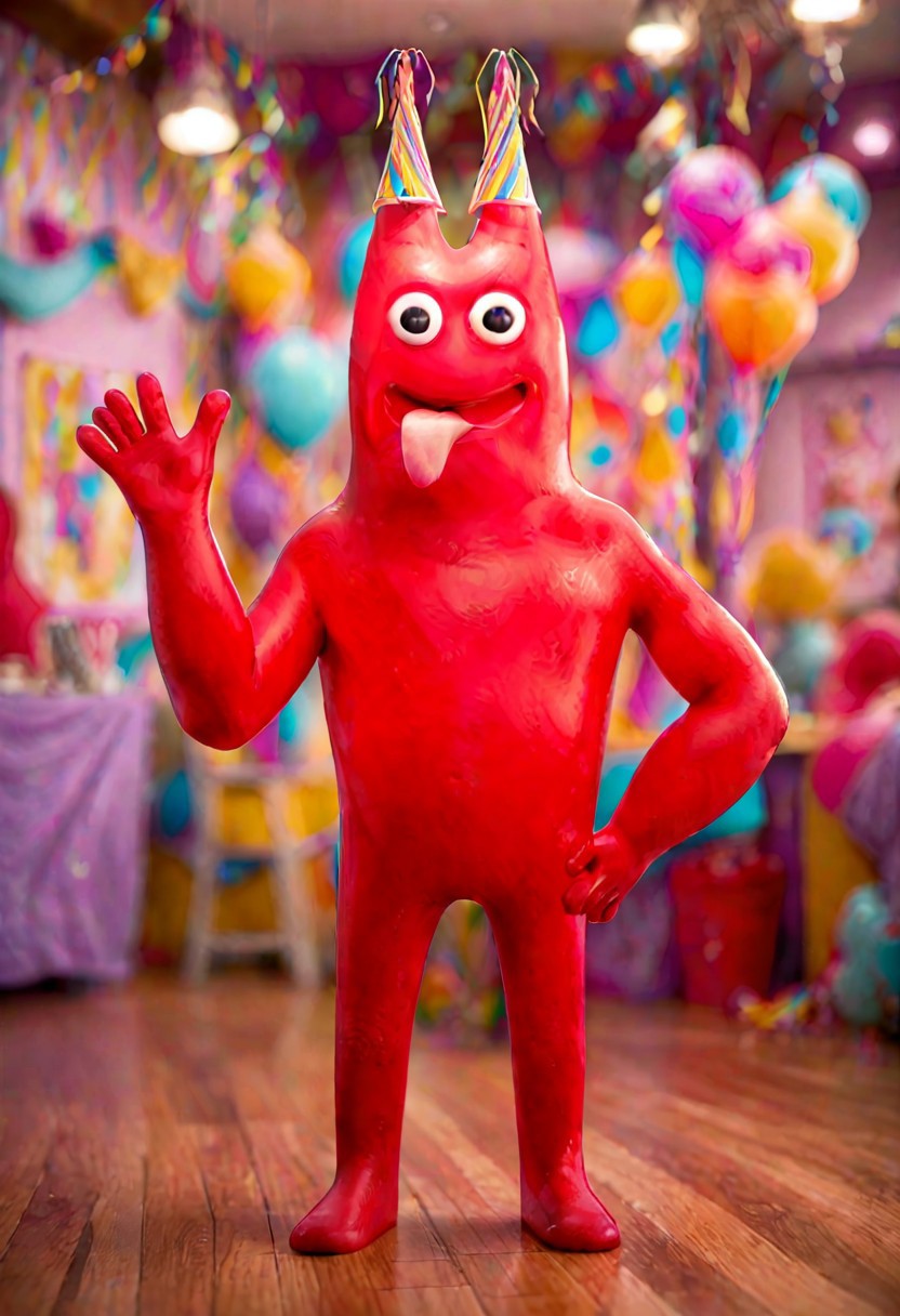 score_9, score_8_up, score_7_up, toony, banban, party hat, red skin, black eyes, tongue out, waving, colorful room