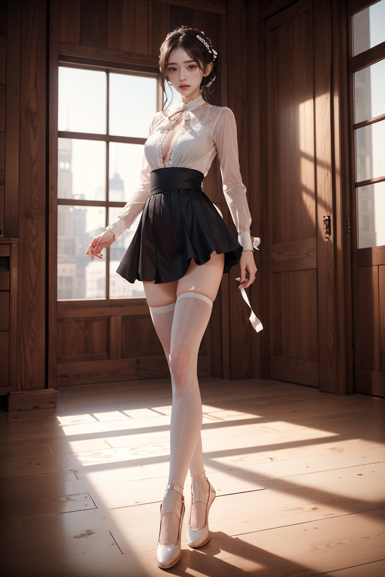 (masterpiece, best quality, 8k, RAW photo, beautiful and aesthetic:1.2),  complex detail, Indirect light, photorealistic,
((woman:1.6)), full body,
<lora:SleotardXXv001-08:1>WEARING ribbon-trimmed skirt,