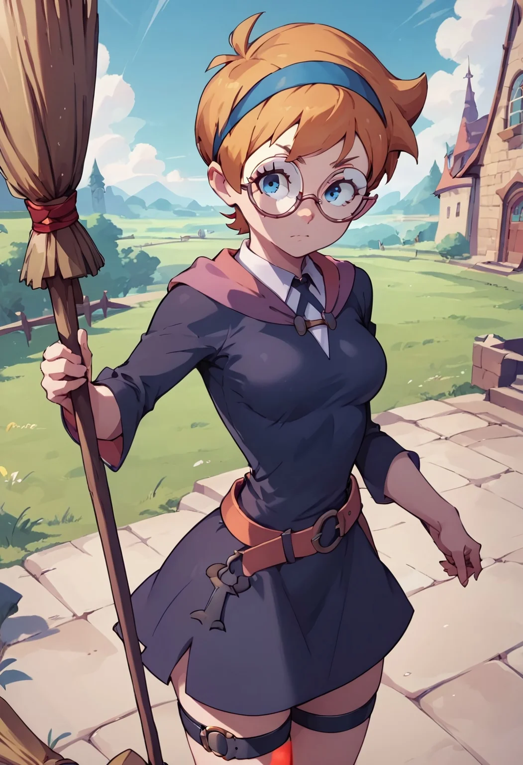 safe_pos, (score_9, score_8_up, score_7_up), dynamic pose, dynamic angle, cowboy shot, wide shot, 1girl, Lotte Jansson, short hair, pixie cut, pale orange hair, blue eyes, headband, round glasses, medium breasts, blueish black dress, belt, broom, witch, witch hat, o-ring thigh strap, outside, at a meadow, black eyeliner
