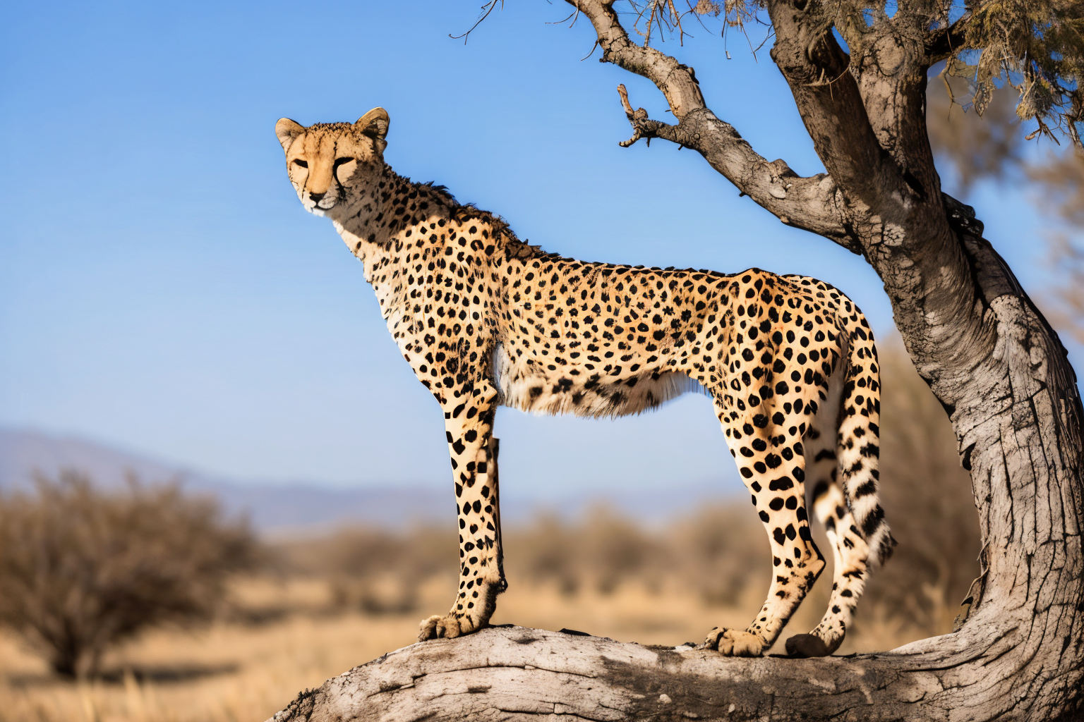 desert landscape (masterpiece, best quality:1.2), ultra-detailed, EdobCheetah cheetah (standing on a tree):1.3, (realistic:1.5), <lora:EdobCheetah_v1.0:0.8>