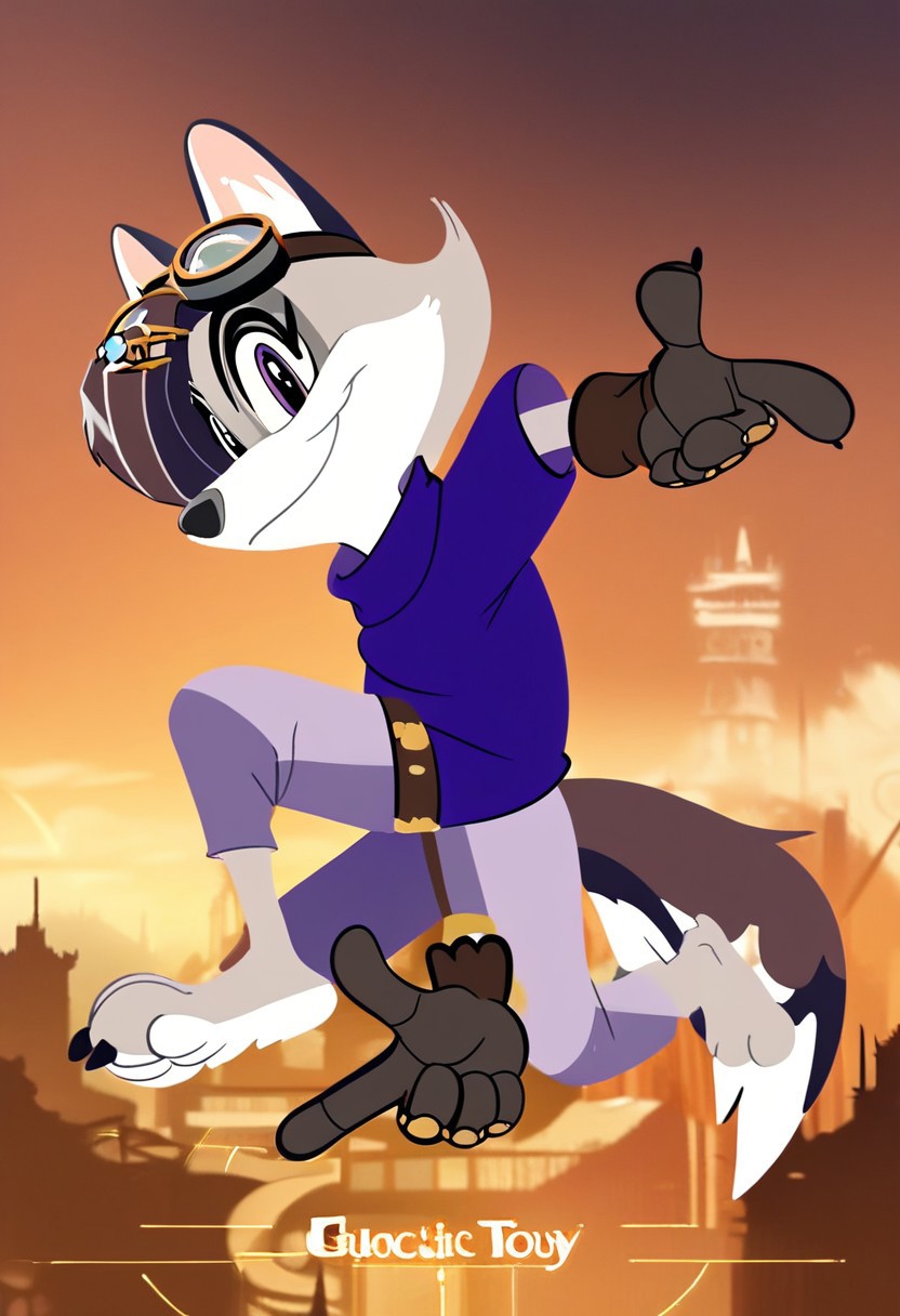 score_9,score_8,score_7,source_furry,
v10l3tw0lf,
furry female, violet_wolf, violet_wolf_great_wolf_lodge, wolf girl, female, 1girl, solo, tail, animal ears, furry, claws, hair ornament, looking at viewer, purple eyes, steampunk city background, multicolored hair, hairclip, body fur, artist name, barefoot, purple shirt, safe, steampunk, steampunk goggles, goggles, grey pants, purple shirt, goggles, official art, official style, Stable_Yogis_PDXL_Positives, mechanical gauntlet on left arm, brown, gloves, gloves, smile, Sonic Adventure Pose, Pose, looking at viewer,
