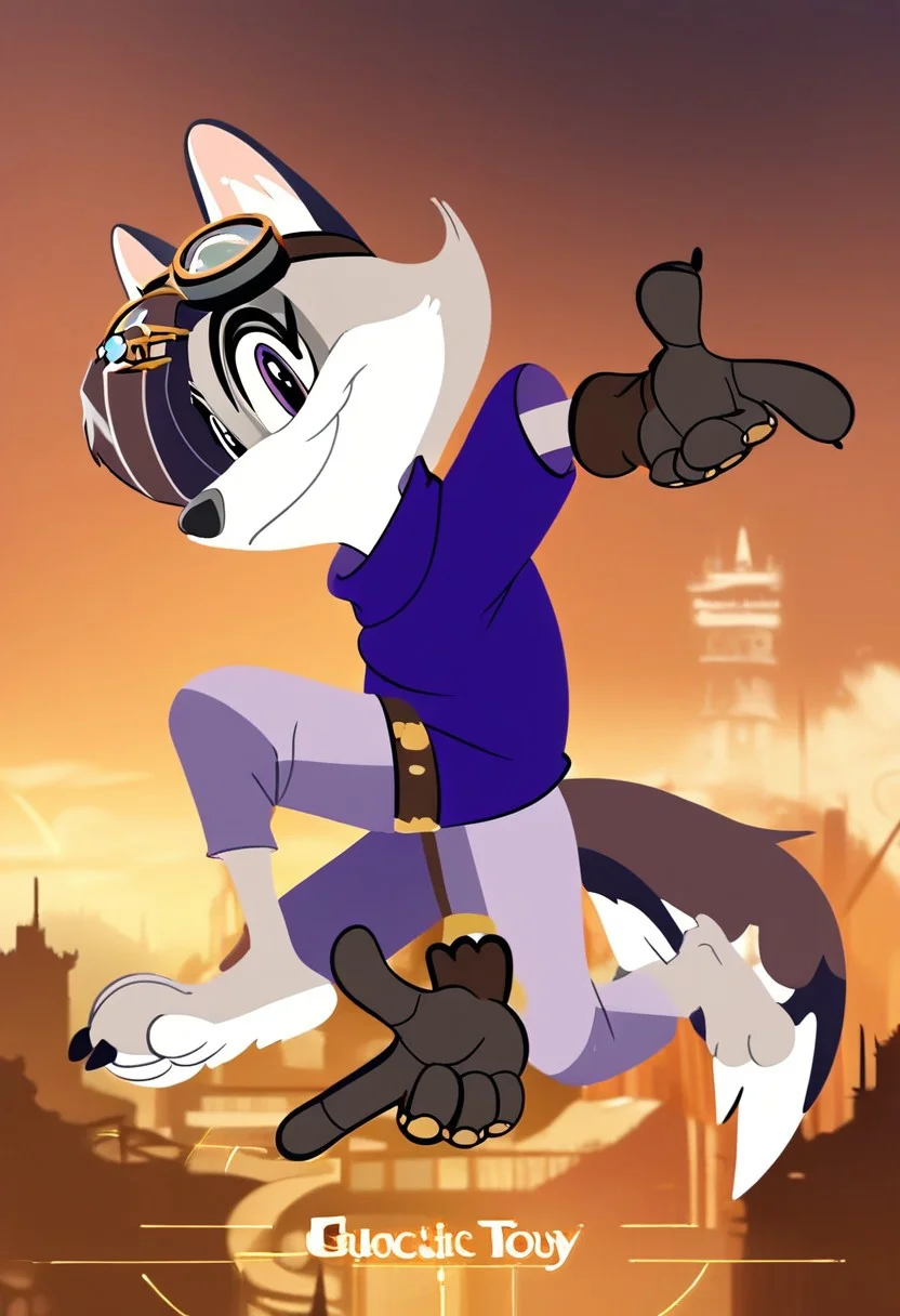 score_9,score_8,score_7,source_furry,
v10l3tw0lf,
furry female, violet_wolf, violet_wolf_great_wolf_lodge, wolf girl, female, 1girl, solo, tail, animal ears, furry, claws, hair ornament, looking at viewer, purple eyes, steampunk city background, multicolored hair, hairclip, body fur, artist name, barefoot, purple shirt, safe, steampunk, steampunk goggles, goggles, grey pants, purple shirt, goggles, official art, official style, Stable_Yogis_PDXL_Positives, mechanical gauntlet on left arm, brown, gloves, gloves, smile, Sonic Adventure Pose, Pose, looking at viewer,