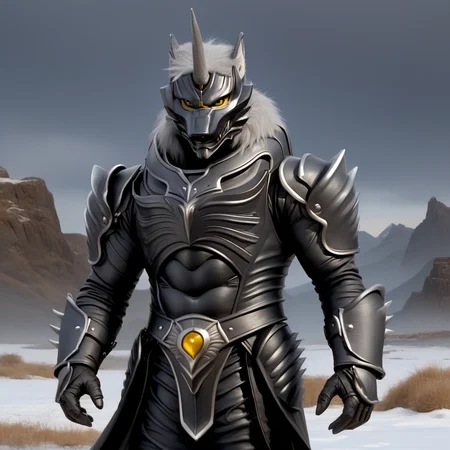 score_9, score_8_up, score_7_up, score_6_up, score_5_up, score_4_up,
dynamic action pose, male, handsome, powerful muscular body, (full body), (Totality Embodiment), breathtaking beauty, pure perfection, divine presence, unforgettable, impressive, chiaroscuro, night time,
black metal armor, grey wolf, grey body, grey skin, grey fur, villain, glowing yellow eyes, long white hair, wolf face helmet, wolf face mask, single horn on forehead, powerful muscular warrior like body, opened armored leather long jacket, thick arms, thick legs, wide thick chest, large pecs, abs, dashing, evil, villain, supervillain, masterclass oil painting, blistering cold winter night, frozen wasteland, detailed background,
<lora:Zen_Aku_Power_Rangers_Wild_Force_AD_SDXL:0.65>
