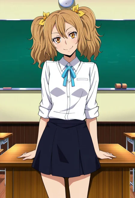 LovUEruza, light brown hair, EruBrownEyes,EruPigtails, EruHairpins,
styding uniform, EruBeigeStydingVest, EruWhiteShirt, EruBlueRibbon, EruBlackSkirt, EruDarkBlueSocks, EruBlackShoes,
cheeky smile, head tilt, hands behind her,
indoors, chalkboard, windows, summer, wooden tables,
standing,
masterpiece, best quality,