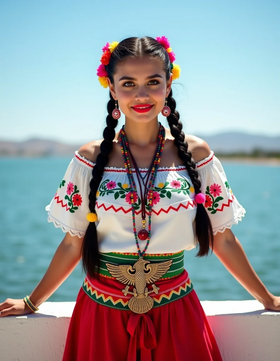 ch1n4p, traditional, Mexican folklore, full body shot, embroidery, braided hair, hair laces, ultra quality, ultra detailed, ultra realistic, ultra lighting, cinematic, vibrant photograph of a young Mexican woman with round big eyes, prominent cheekbones and alluring smile, standing outdoors, on a sunny day. She is dressed in a traditional Mexican costume. The outfit features a white blouse with colorful embroidery, including floral and bird designs, and a red skirt adorned with a large, intricate eagle emblem in the center. The eagle emblem is surrounded by green and white zigzag patterns. Her skirt also has a wide, green belt with a red ribbon hanging down. She wears her hair styled in two long braids, adorned with colorful ribbons and flowers. Around her neck, she has multiple strands of colorful beads and a large, ornate necklace. Her makeup is vibrant, with bright red lipstick and eye shadow. She stands confidently with her hands resting on a white, textured wall behind her. The background shows a calm body of water, likely a lake or ocean, with a clear blue sky above. The overall scene is bright and cheerful, capturing the essence of traditional Mexican culture and festive attire.