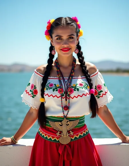 ch1n4p, traditional, Mexican folklore, full body shot, embroidery, braided hair, hair laces, ultra quality, ultra detailed, ultra realistic, ultra lighting, cinematic, vibrant photograph of a young Mexican woman with round big eyes, prominent cheekbones and alluring smile, standing outdoors, on a sunny day. She is dressed in a traditional Mexican costume. The outfit features a white blouse with colorful embroidery, including floral and bird designs, and a red skirt adorned with a large, intricate eagle emblem in the center. The eagle emblem is surrounded by green and white zigzag patterns. Her skirt also has a wide, green belt with a red ribbon hanging down. She wears her hair styled in two long braids, adorned with colorful ribbons and flowers. Around her neck, she has multiple strands of colorful beads and a large, ornate necklace. Her makeup is vibrant, with bright red lipstick and eye shadow. She stands confidently with her hands resting on a white, textured wall behind her. The background shows a calm body of water, likely a lake or ocean, with a clear blue sky above. The overall scene is bright and cheerful, capturing the essence of traditional Mexican culture and festive attire.