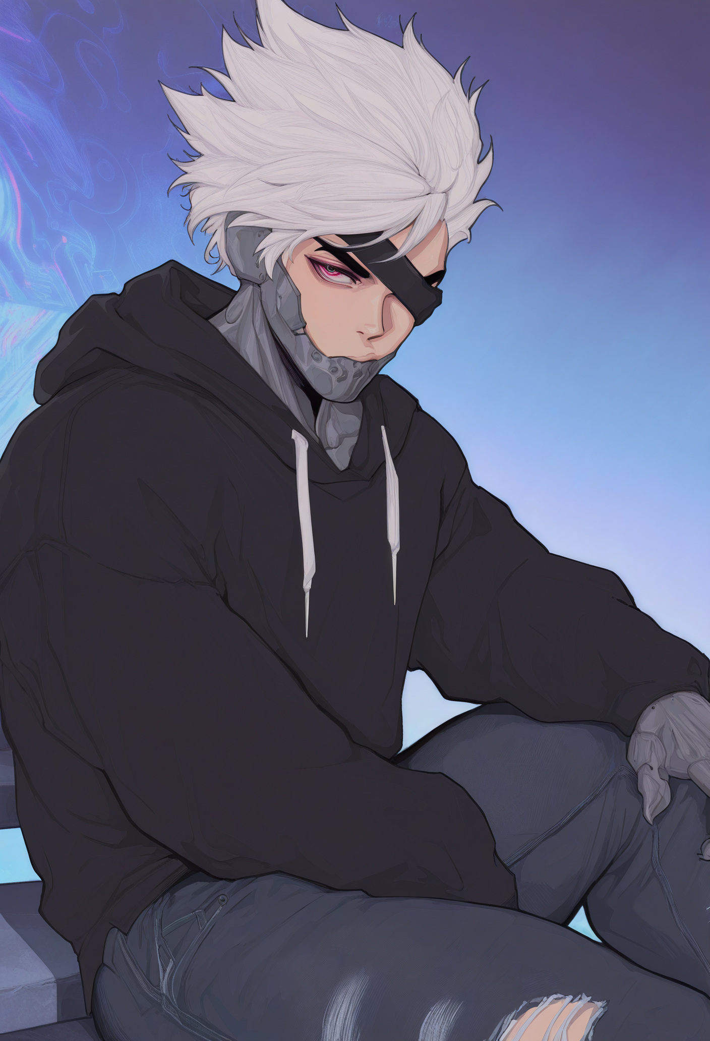 1boy, solo, gradient background, abstract background, looking at viewer, blurry background, male focus, muscular male, white hair, spiked hair, short hair, cyborg, mechanical chin, hoodie, torn jeans, eyepatch, one eye covered, sitting on stairs, 
masterpiece, best quality, <lora:MischiefMakersV1-Illustrious-guy90:1>, sresim, <lora:RaidenMGRR_illusXLNoobAI_Incrs_v1:1> RaidenMGRDef