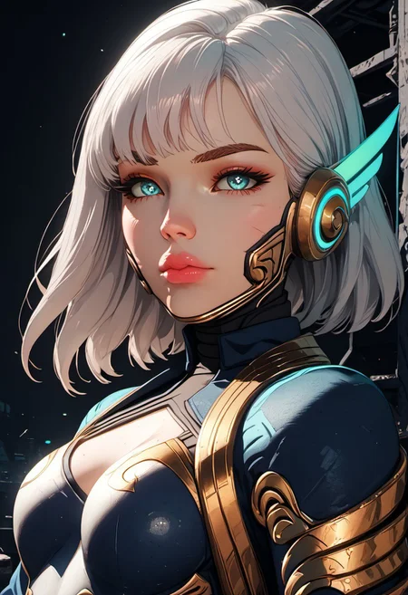 ((zPDXL3)), score_9, score_8_up, score_8, Science Fiction, Star Wars, perfecteyes, ultra detailed, high resolution, high quality, masterpiece, intricate details, intricate body, intricate landscape, knva, Expressiveh, European Instagram Model, upper body shot, low light, dungeon, ruins, green glow, black background,
BREAK
1girl, solo, source_cartoon, mature female, allstarsdva, d.va (overwatch), white hair, blue eyes, beautiful, full lips, looking at viewer, closed mouth,