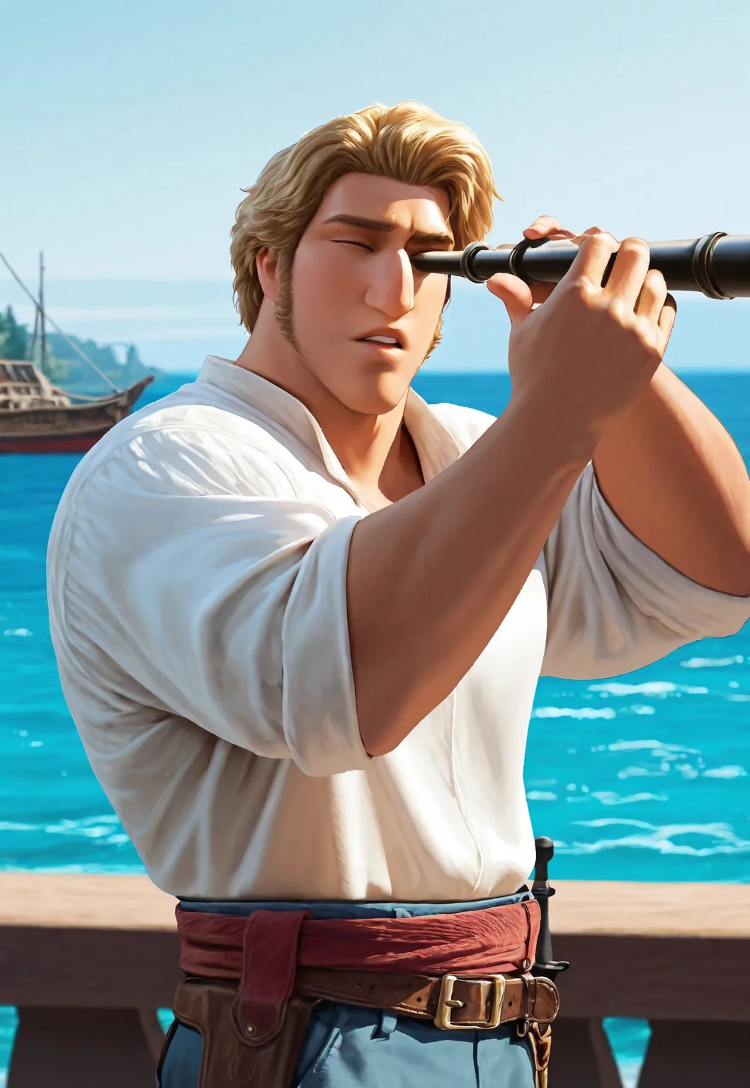 masterpiece, best quality, amazing quality, detailed background, intricate details, park, dynamic, cinematic, animated, anime realistic shading, solo, male focus, 1boy, handsome, j4c0b, blonde hair, brown eyes, sideburns, long sideburns, muscular male, upper body, white shirt, belt, belts, blue pants, spyglass, holding, looking on spyglass, one eye closed, parted lips, sea background, watercraft,