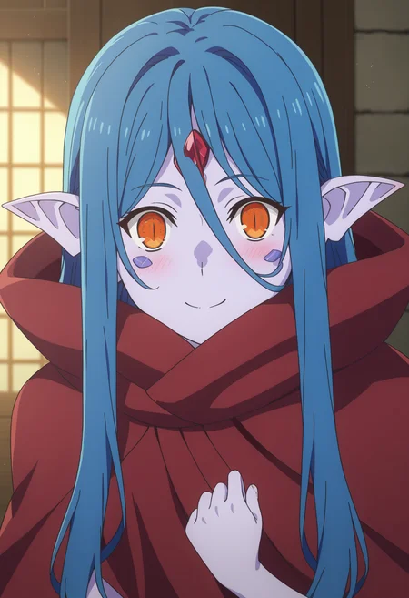 score_9, score_8_up, score_7_up, source_anime,
BREAK
1girl, solo,
<lora:shiDanMemoWieneV1:1>, shiwieneredcloak, blue hair, orange eyes, slit pupils, colored skin, facial mark, pointy ears, hair between eyes, forehead jewel,
red cloak,
looking at viewer, smile, blush,