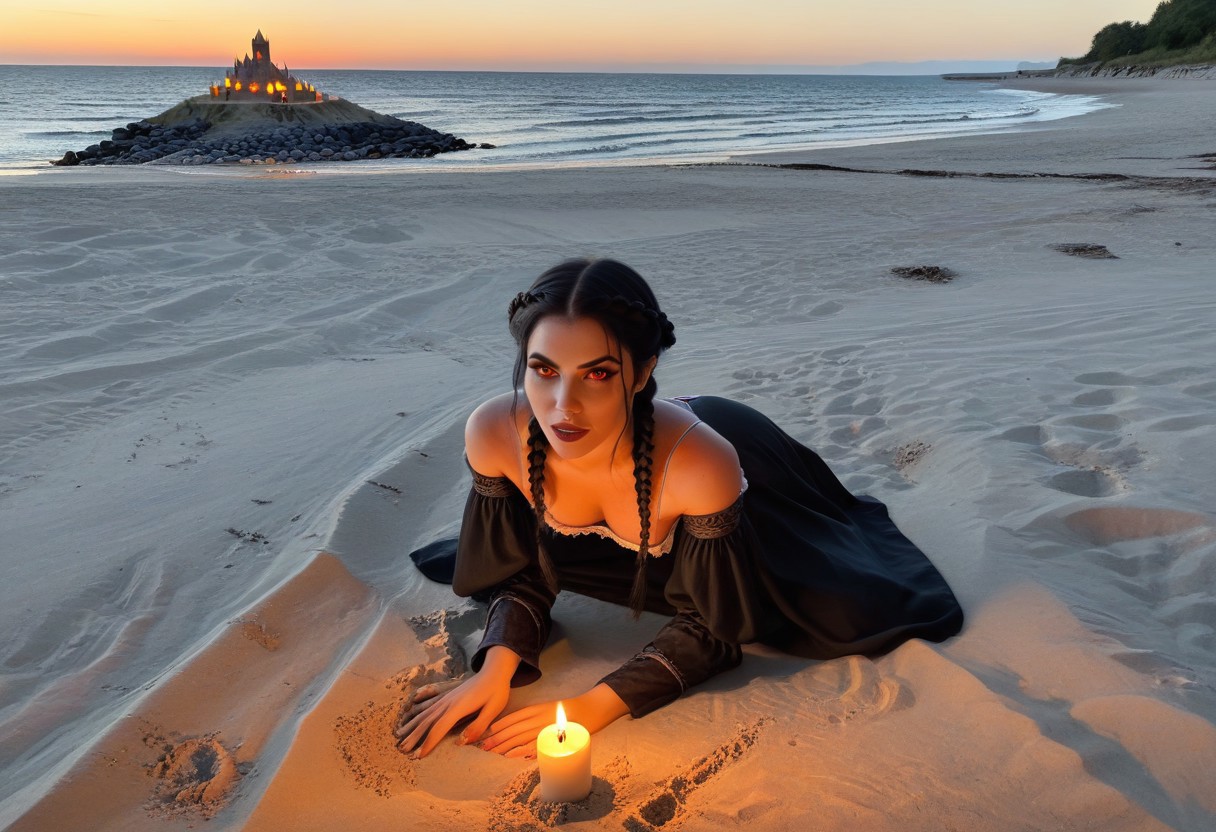 NM_tes_Serana,, 
black hair, medium hair, crownbraid, orange eyes, glowing eyes, vampire fangs
kneeling in the sand,
looking at the viewer, 
at a public beach , beach scene, medieval scene, 
evening, sunset, lit candles, 
cinematic shot,
8k ,realistic photo, highly detailed,
uncensored