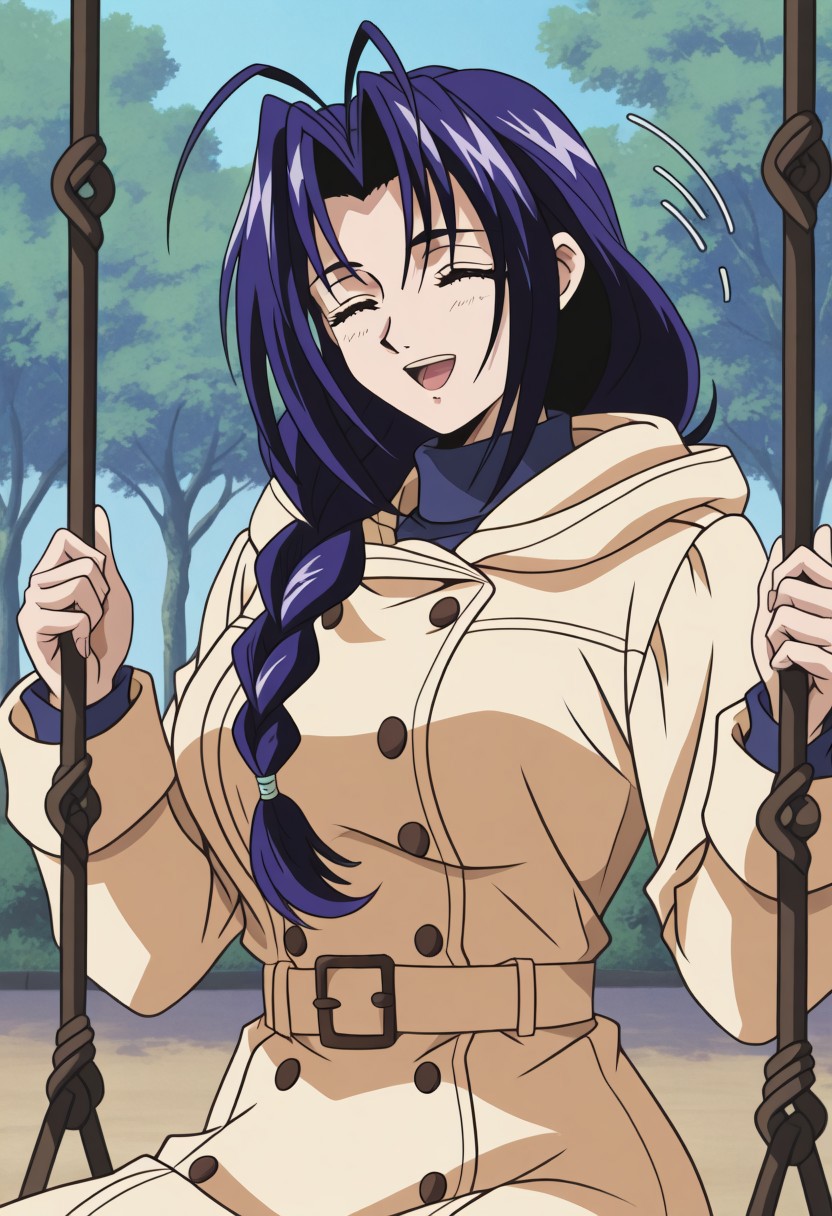 masterpiece, best quality, newest, highres, uncensored, 1girl, yokota mamoru style,1girl, slender face，motion lines,
Amou Miyuki OVA,Black Hair, Blue Hair, Curtained Hair, Parted in Middle, Ponytail, Waist Length Hair,Blue Eyes, Tareme Eyes,Big Breasts,1girl, braid, long hair, blue hair, solo, single braid, smile, coat, stuffed toy, antenna hair, open mouth, long sleeves
closed eyes, 1girl, long sleeves, female focus, smile, turtleneck, solo, ^ ^, coat, upper body, day, blue hair, outdoors, swing, pole
The image is a digital drawing in the style of anime, featuring a young woman with a serious expression. She has shoulder-length, dark purple hair styled in a messy, layered look. Her eyes are closed, suggesting she might be wincing or squinting, with a slight smile on her face. She is dressed in a brown, knee-length coat with a beige hood, adorned with two brown toggle fasteners on the front.