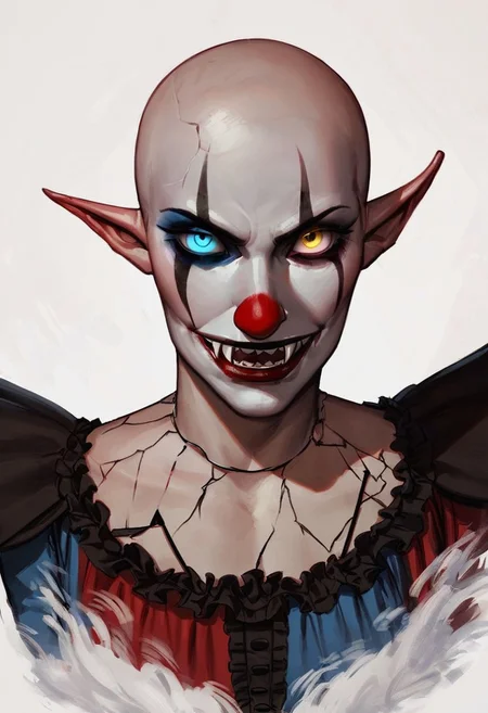 score_9, score_8_up, score_7_up, 1boy, pointy ears, cracked skin, vampire fangs, white background, colored skin, bald, madness, dark fantasy, clown of thrones, clown tattoos, colored sclera, jewelry, heterochromia, god, skinny, dress, BREAK half body Portrait, focus from Front, close up, looking at viewer, arched back