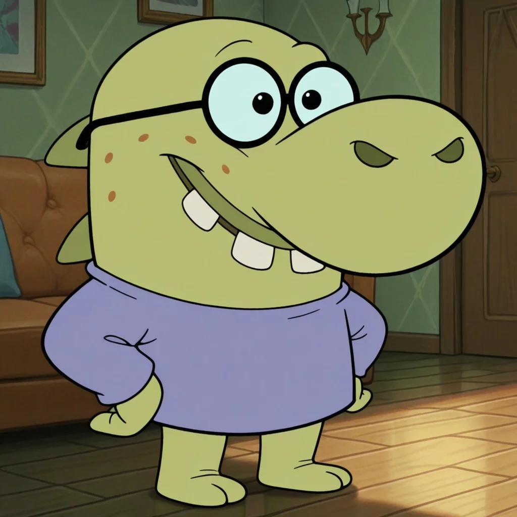 masterpiece, best quality, amazing quality official style,  richard, male, furry male, anthro, solo, green skin, black eyes, buck teeth, freckles, big nose, spikes on back, short, purple shirt, glasses, standing, smile, indoors, living room