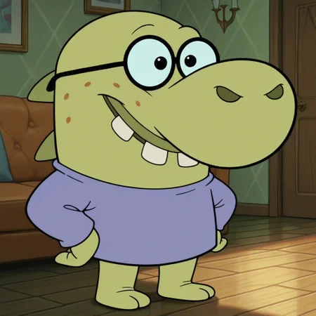 masterpiece, best quality, amazing quality official style,  richard, male, furry male, anthro, solo, green skin, black eyes, buck teeth, freckles, big nose, spikes on back, short, purple shirt, glasses, standing, smile, indoors, living room