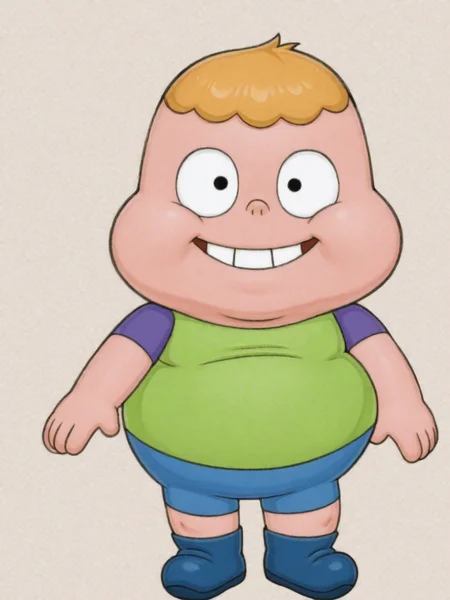 ILXLpos,chibi,Clarence, 1boy, male focus, plump, fat, chubby, obese, earless, no ears, two teeth, nostrils, young, short, blonde hair,green shirt, purple sleeves, blue shorts, blue shoes,smile,looking at viewer,<lora:Clarence Wendle:0.8>,<lora:Old MapleStory Style:1.0>