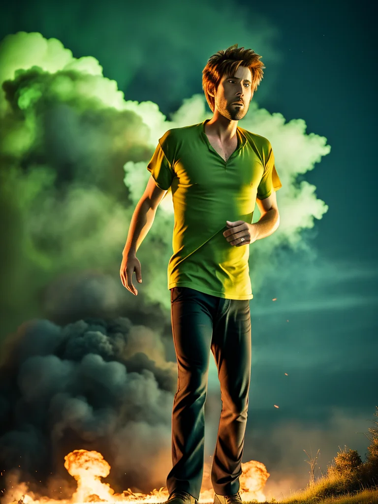1boy, Shaggy, a man with green shirt, red eyes, spiky hair, brown pants, black shoes, ULTIMAXPOWER_mode, green ghoulish fire, blue shaggy ghost in the background , explosion in the background, masterpiece, highly detailed, 8K, stunning, hdr, (RAW photo:1.2), (photorealistic:1.2),(masterpiece:1.4), <lora:Shaggy-000012:1>