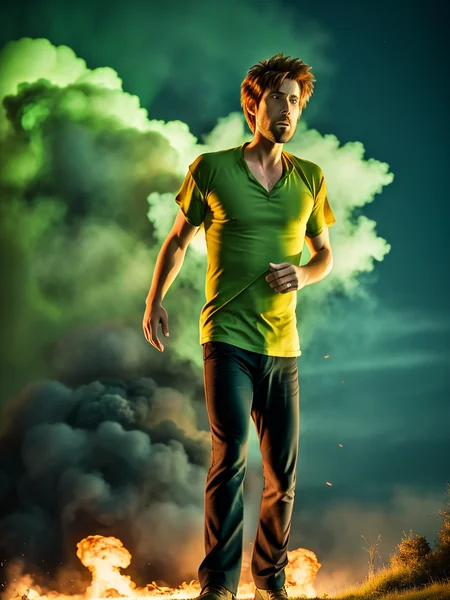 1boy, Shaggy, a man with green shirt, red eyes, spiky hair, brown pants, black shoes, ULTIMAXPOWER_mode, green ghoulish fire, blue shaggy ghost in the background , explosion in the background, masterpiece, highly detailed, 8K, stunning, hdr, (RAW photo:1.2), (photorealistic:1.2),(masterpiece:1.4), <lora:Shaggy-000012:1>
