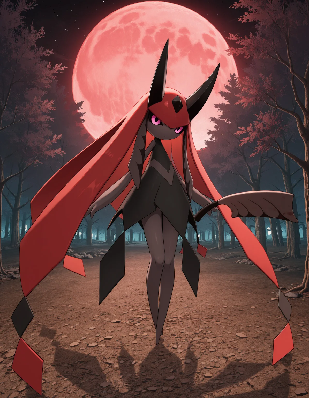 masterpiece, best quality, amazing quality, newest, absurdres, highres, very detailed, newest, no humans, new, splatterina, red hair, horns, pink eyes, colored sclera, dress, multicolored hair, cleaver, pokemon \(creature\), (solo), full body, looking at viewer, dark forest, blood moon, red moon, starry sky, spooky, <lora:83256cbe-2f24-4fc4-a05e-af9bb5e4203a:0.9>