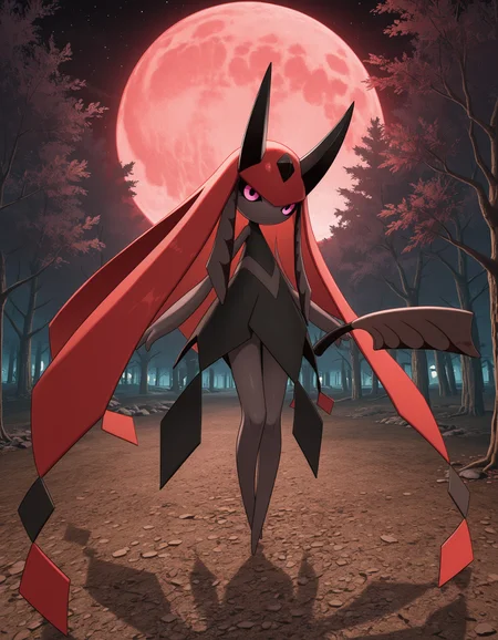 masterpiece, best quality, amazing quality, newest, absurdres, highres, very detailed, newest, no humans, new, splatterina, red hair, horns, pink eyes, colored sclera, dress, multicolored hair, cleaver, pokemon \(creature\), (solo), full body, looking at viewer, dark forest, blood moon, red moon, starry sky, spooky, <lora:83256cbe-2f24-4fc4-a05e-af9bb5e4203a:0.9>