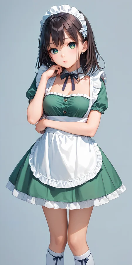 score_9, score_8_up, score_7_up,source_anime, high res image,masterpiece,best quality,girl,cute face,clear skin,shiny hair,ultra detailed eyes,simple background,middle breasts,
 <lora:maid_Pony_V1.0:1.1> jyojifuku,frills,kneehighs,apron,green dress