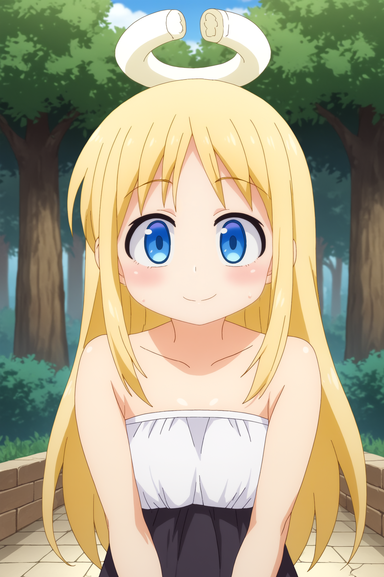 Crimvael, solo, smile, anime coloring,  rating_safe, outdoors, looking_at_viewer <lora:Ishuzoku_Reviewers-Crimvael-PDXL:0.8>