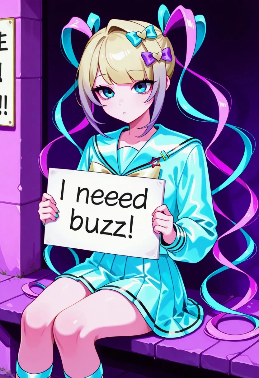 1girl, Kangel(Needy Girl Overdose), blonde hair, purple gradient, multi-colored quadtails, blue eyes, three bows, blue serafuku, need_buzz holding sign, "Plz buzz" sign, pleading eyes, sitting, outside