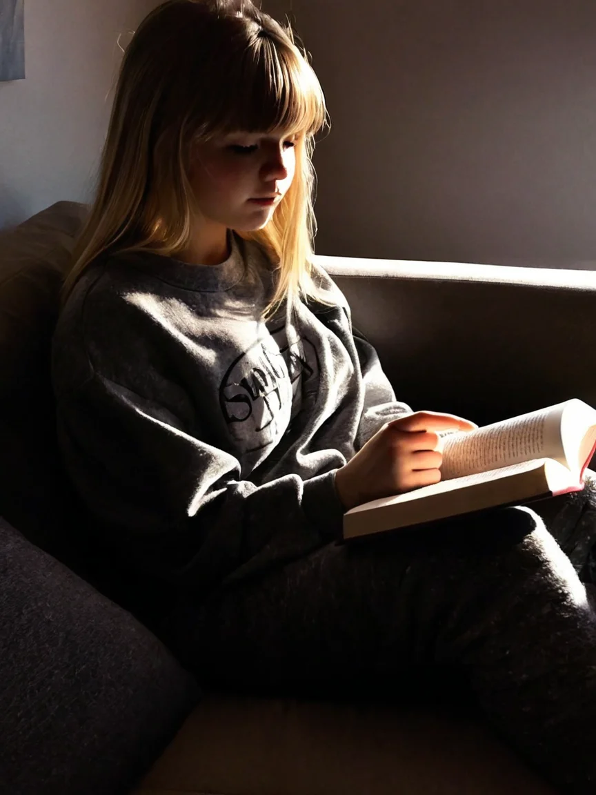 Cinematic fashion photograph Adeera_Addams_P_MXAI_SDXL , wearing comfortable clothes, sitting on a couch, reading a book, shadows, relaxed, elegant,