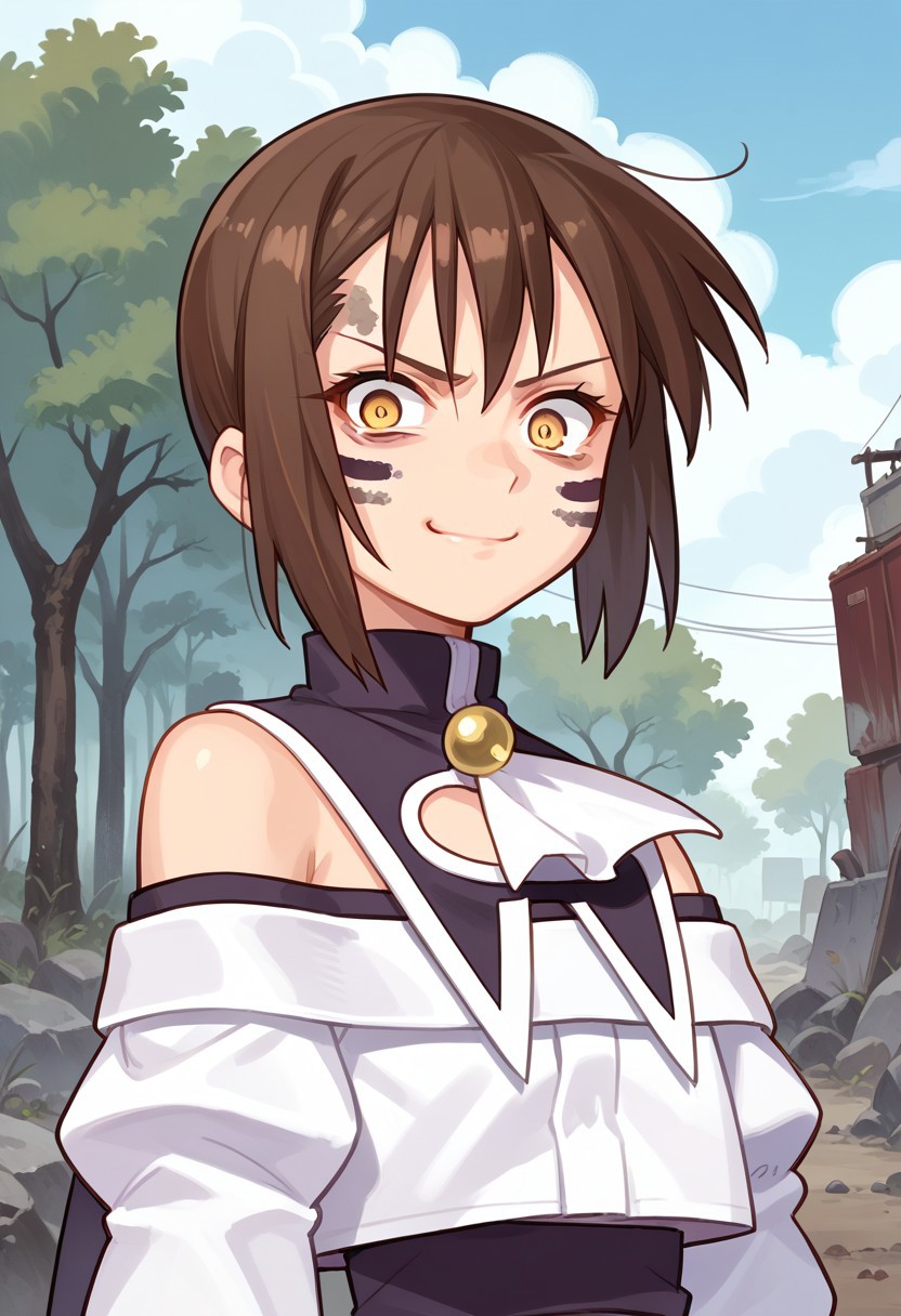 score_8, score_8_up, score_7_up, source_anime, anime screenshot,  1girl, female focus, solo, Natsumi_SN1, Facial Mark, gray skin, constricted pupils, yellow eyes, brown hair, short hair, bangs, sidelocks, short hair with long locks, capelet, neck bell, ascot, off-shoulder shirt, bare shoulders, juliet sleeves, long sleeves,  upper body, looking at viewer, smug, outdoors, bare tree, rock, grey ground, grey dirt, wasteland