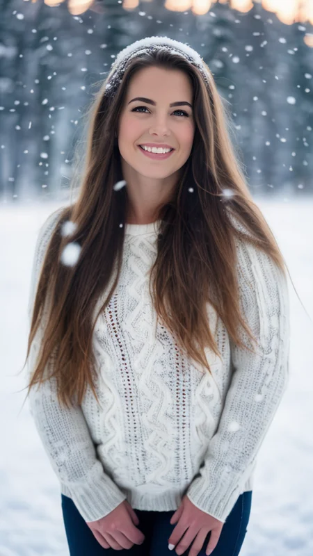 adult girl, long hair, sweater, snowing background,