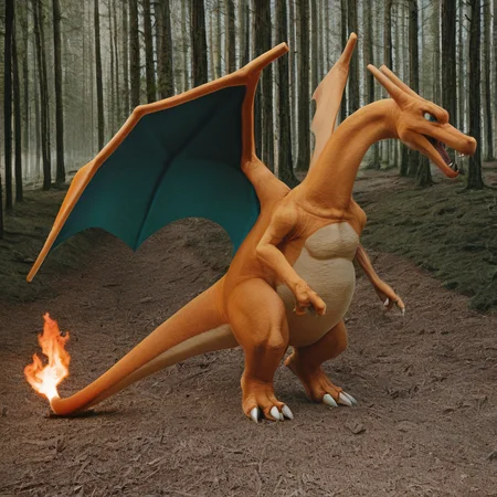 sfw, masterpiece, best quality,absurderes,photo,realistic,cinematic,source_photo,DLSR,full body,walking,outdoors,pokemon \(creature\), charizard, wings,tail,forest,open mouth,flame-tipped tail, <lora:Reallustrious_Beta:1>