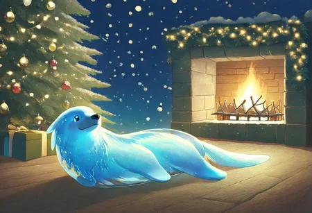 night, glowing lights, cozy feeling, warm light from a fireplace, walls are decorated with christmas tree cuttings, infront of the fireplace sits a circle of mice.
no humans, solo, 1 boy, liquid body, blue skin, see-through body, dark blue eyes, water body, bubbles in body, water dog, dog, furry, water elemental, solid blue eyes, translucent skin, full body,easynegative, score_9, score_8_up, score_7_up, animal christmas, easynegative, water element, water, FFCB, Anime, Simple Anime