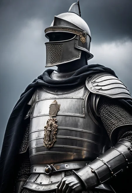 A a medieval knight from the 14th century statue bust with helmet looking to the side, cloudy day with rain background, white and gray lights reaching the statue,
BREAK, detailed art, realistic art, 4k, (best quality 1:1), masterpiece, intricate details,