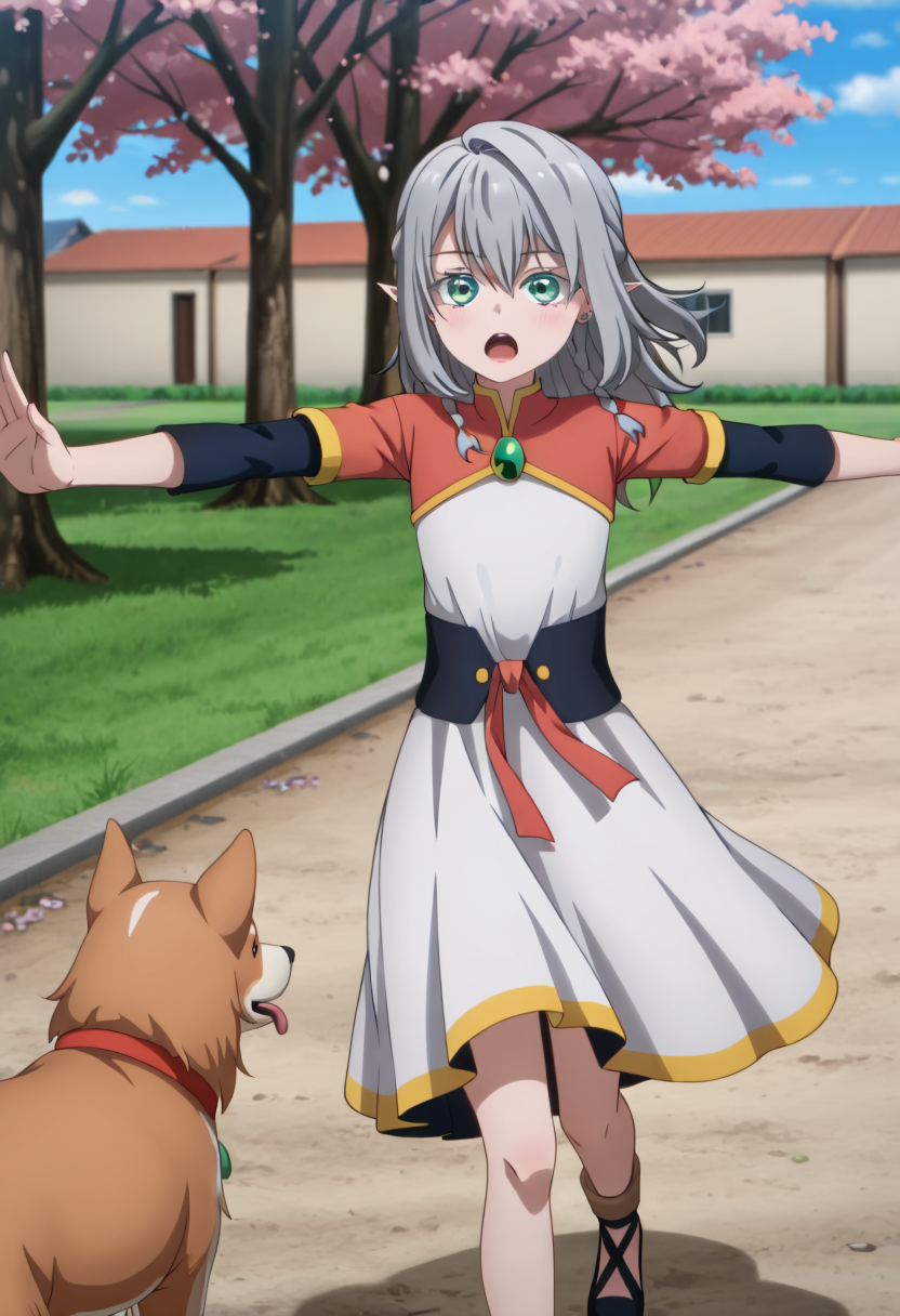 <lora:Young Tessia_IL:1>Young Tessia, 1girl, gray hair, pointed ears, elf, green eyes, white asymmetrical dress with yellow trim, red sash waist tie, black long-sleeve undershirt, green gem pendant necklace, white thigh-high socks, black crisscross strap shoes
 Cherry blossom trees in a downtown dog park