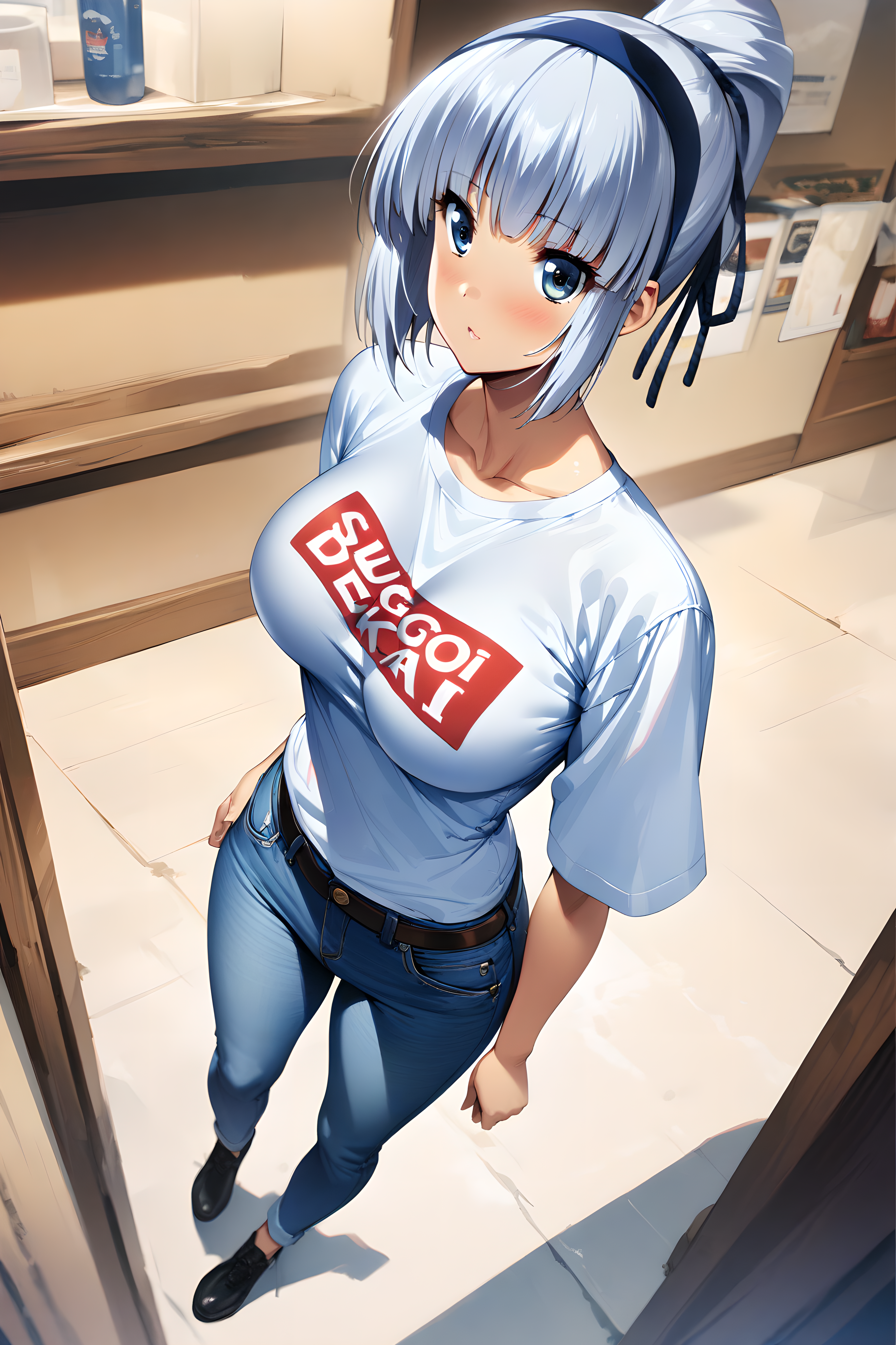 (masterpiece),(best quality),(ultra-detailed),(best illustration),(best shadow),(absurdres),(detailed background),(very aesthetic), mina majikina, silver hair, blue eyes, large breasts, full body, casual outfit, t-shirt, jeans, sugoi dekai,   <lora:XL-MinaMajikinav1:1>