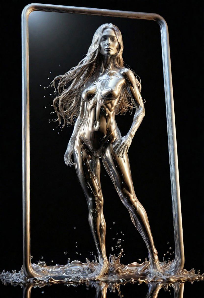 (masterpiece,best quality,ultra-detailed,best illustration:1.3), 1woman, melting, smooth shiny full length metal body, reflection mirror finish, shiny, smooth liquid metal long hair, simple black background