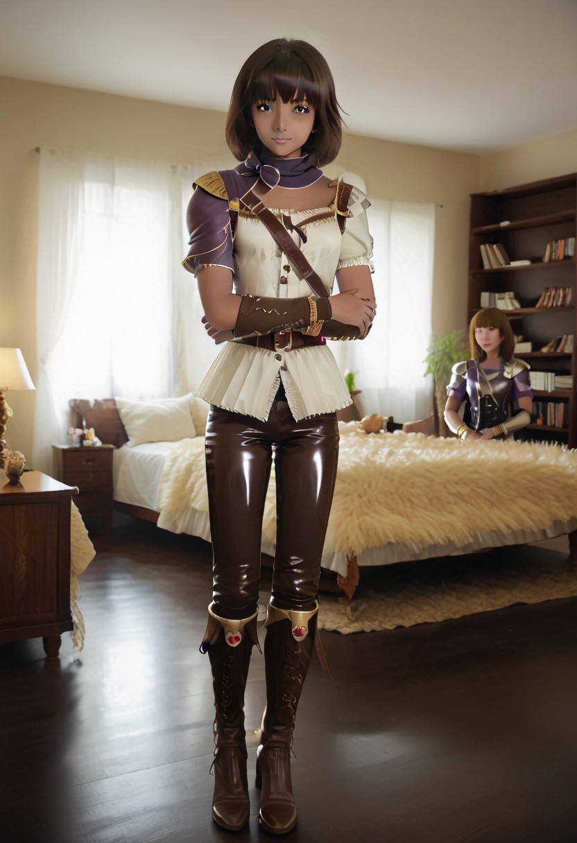 Latex, (2girls:2), multiple girls, (mgrchozumishizuku and 4mb3r), living room, window, score_9, score_8_up, score_7_up, rating_safe, woman duo, sitting, hugging, sunset background, detailed lighting, fully dressed, (latex clothes:2) hamafugustyle, (mgrchozumishizuku, purple hair, purple eyes, purple scarf with bow, purple jacket, white blouse, red belt, purple pants, brown arm guards), BREAK, (4mb3r,  brown hair, short hair, brown eyes, dark skinned female, bracelet, jewelry, armor, shoulder armor, pants, boots, brown blouse).