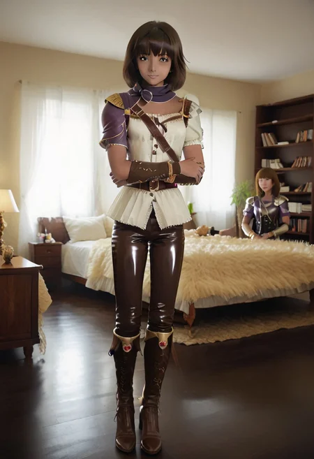 Latex, (2girls:2), multiple girls, (mgrchozumishizuku and 4mb3r), living room, window, score_9, score_8_up, score_7_up, rating_safe, woman duo, sitting, hugging, sunset background, detailed lighting, fully dressed, (latex clothes:2) hamafugustyle, (mgrchozumishizuku, purple hair, purple eyes, purple scarf with bow, purple jacket, white blouse, red belt, purple pants, brown arm guards), BREAK, (4mb3r, brown hair, short hair, brown eyes, dark skinned female, bracelet, jewelry, armor, shoulder armor, pants, boots, brown blouse).