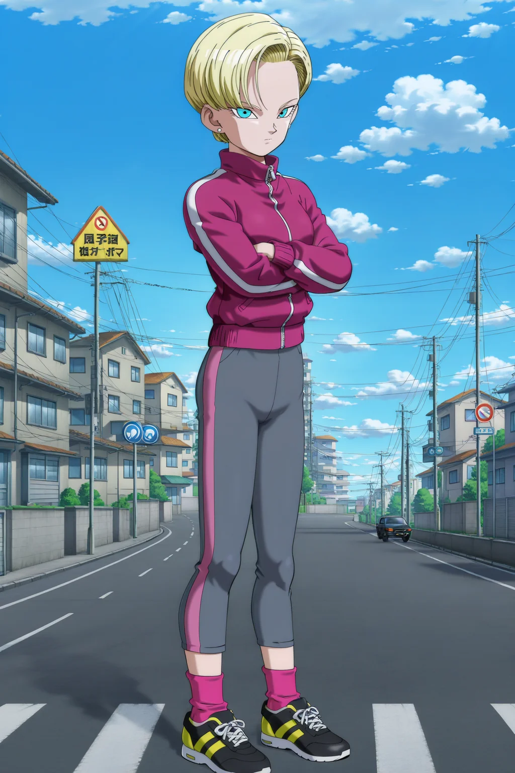 anime screencap, absurdres, high quality, official style,
android 18, dragon ball super super hero, mismatched tracksuit, official style, 1girl, solo, looking at viewer, very short hair, fringe trim, blue eyes, blonde hair, jacket, full body, outdoors, sky, sneakers, black footwear, zipper, multi tone footwear, day, socks, pink legwear, tight pants, grey bottomwear, two tone pants, cloud, blue sky, crossed arms, ground vehicle, building, motor vehicle, track jacket, pink jacket, city, sign, road, house, power lines, utility pole, two tone jacket, v-shaped eyebrows, stud earrings, eyelashes
<lora:Android_18_-_Dragon_Ball:0.8>