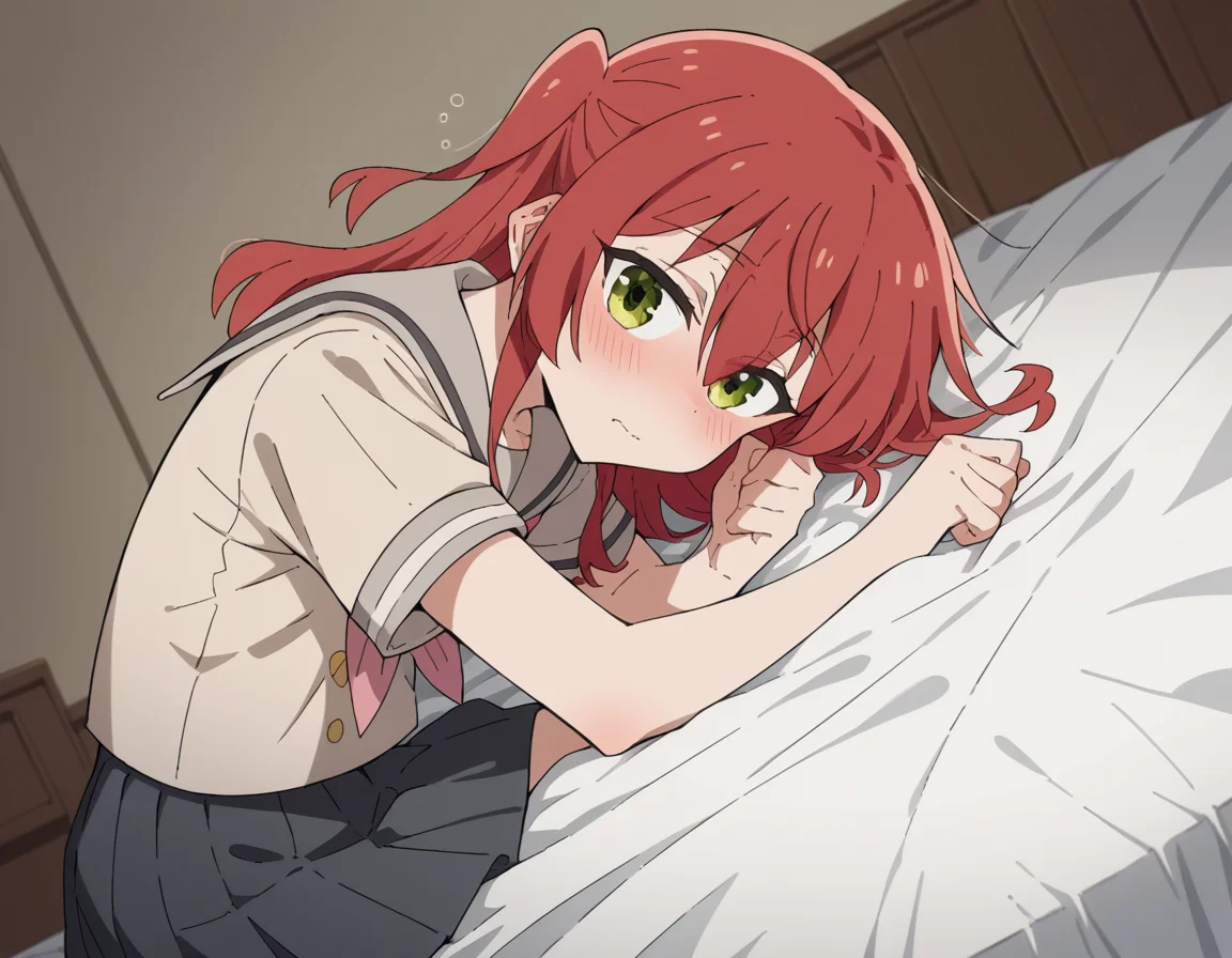 score_9, score_8_up, score_7_up, source_anime,
kitaikuyo, <lora:ikuyo-kita-s1-ponyxl-lora-nochekaiser:1>,
ikuyo kita, green eyes, hair between eyes, long hair, one side up, red hair,
black skirt, grey sailor collar, pleated skirt, sailor collar, school uniform, short sleeves, shuka high school uniform, skirt,
indoors, bed, bed room, on side, blush, drunk,
cowboy shot, solo, dutch angle, looking at viewer,