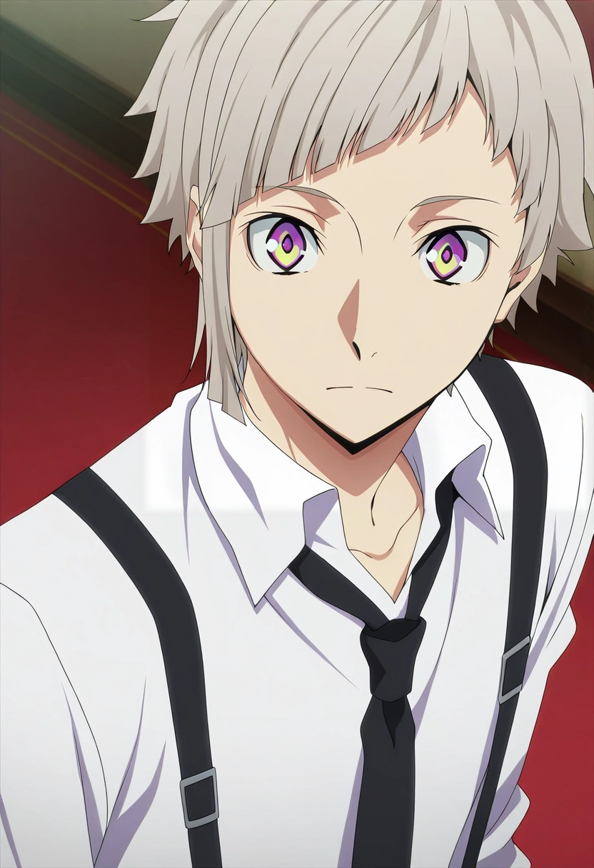 masterpiece, best quality, , anime screencap, , official style,, 1boy, solo, male focus, <lora:atsushi_nakajima_ilxl:0.96>, atsushi_nakajima, grey hair, yellow eyes, multicolored eyes, purple eyes, short hair, white shirt, collared shirt, suspenders, black necktie,
