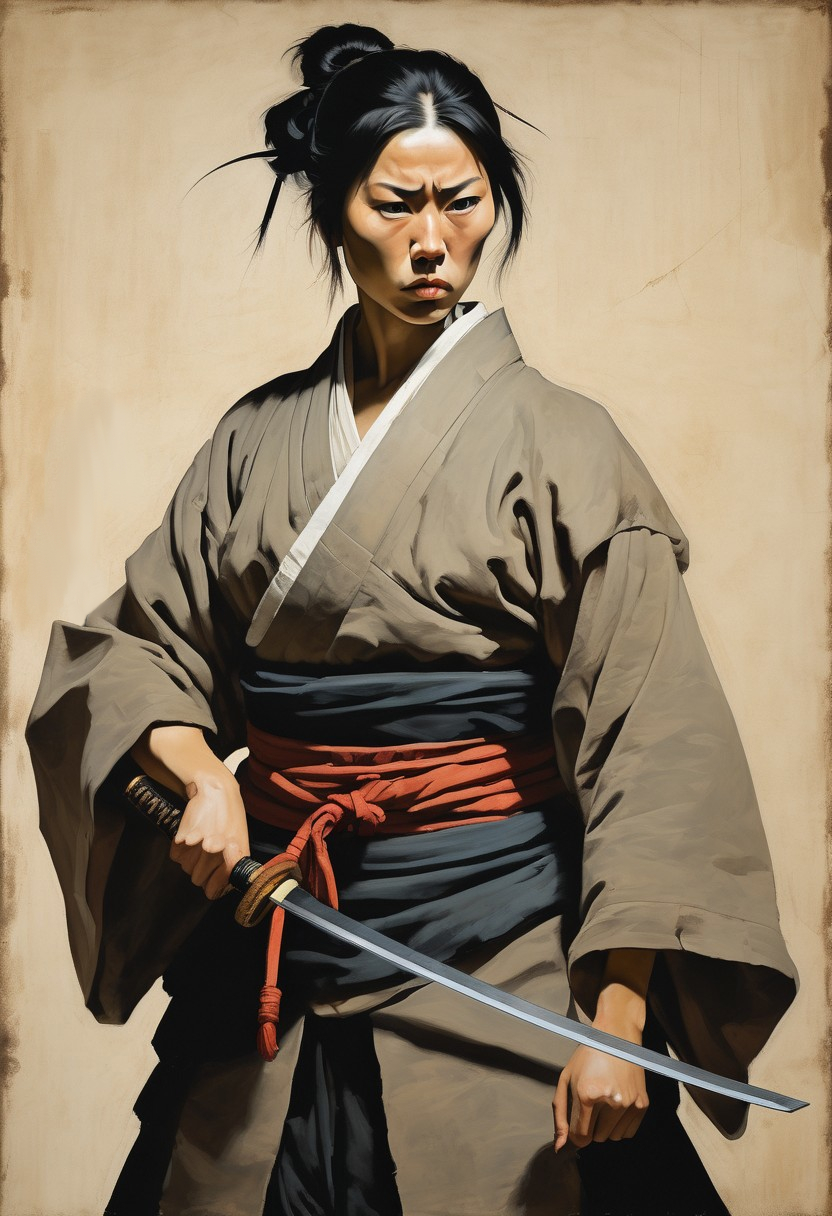 detailxl, high quality, intricate, painting of,
front view, 
(full body shot, asian samurai woman standing pose, angry, short hair, battle scar on face, samurai, looking at viewer:1.3), 
(artistic colored blank background:1.2)
 (by Theodore Gericault:1.3)