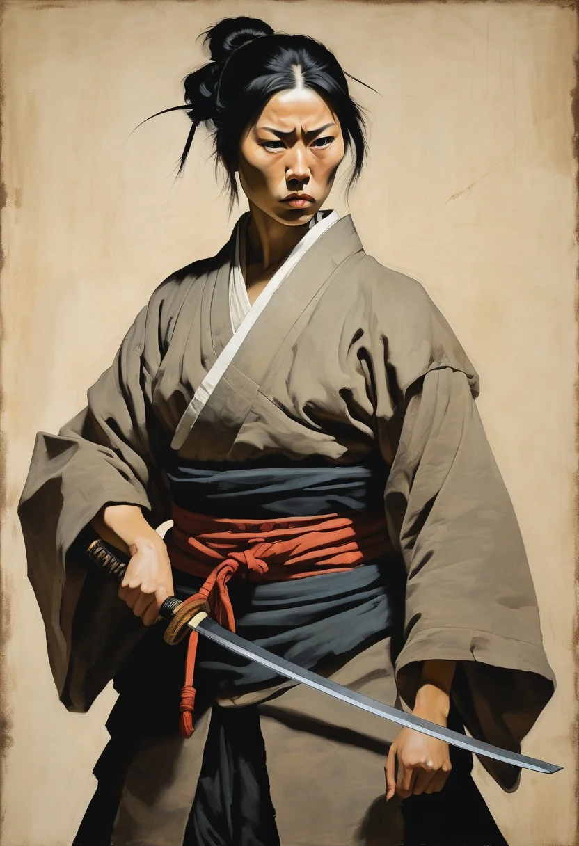 detailxl, high quality, intricate, painting of,
front view,
(full body shot, asian samurai woman standing pose, angry, short hair, battle scar on face, samurai, looking at viewer:1.3),
(artistic colored blank background:1.2)
(by Theodore Gericault:1.3)